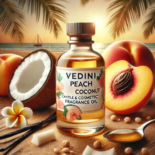 DALL·E 2025-03-01 11.32.20 - A visually appealing product image of a fragrance oil bottle labeled 'Vedini Peach Coconut Candle & Cosmetic Fragrance Oil'. The setting is tropical a