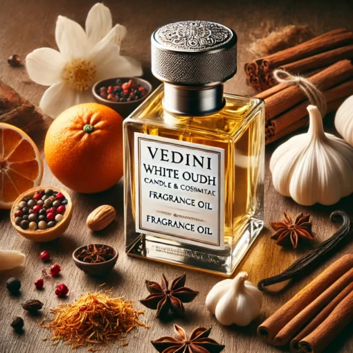DALL·E 2025-03-03 16.04.44 - A luxurious fragrance oil bottle labeled 'Vedini White Oudh Candle & Cosmetic Fragrance Oil' placed on a wooden surface. Surrounding it are ingredient
